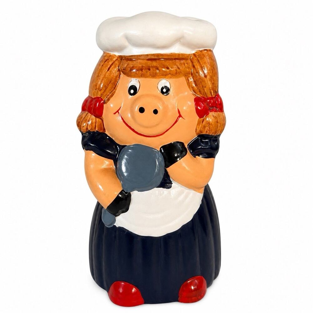 Vintage Pig Utensil Holder Planter Chef Pig Hog White Hat Apron 7.5” Farm Decor